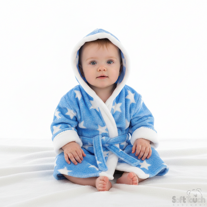 BLUE 'STAR' PRINTED CORAL HOODED ROBE WITH WHITE TRIM- 4FBR40-BP