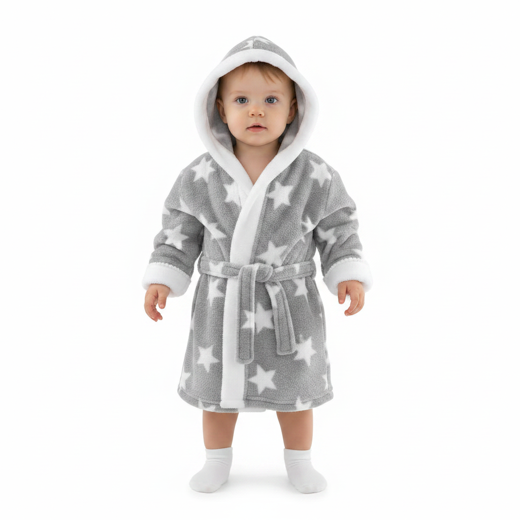 GREY 'STAR' PRINTED CORAL HOODED ROBE WITH WHITE TRIM-4FBR40-GP