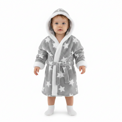GREY 'STAR' PRINTED CORAL HOODED ROBE WITH WHITE TRIM-4FBR40-GP
