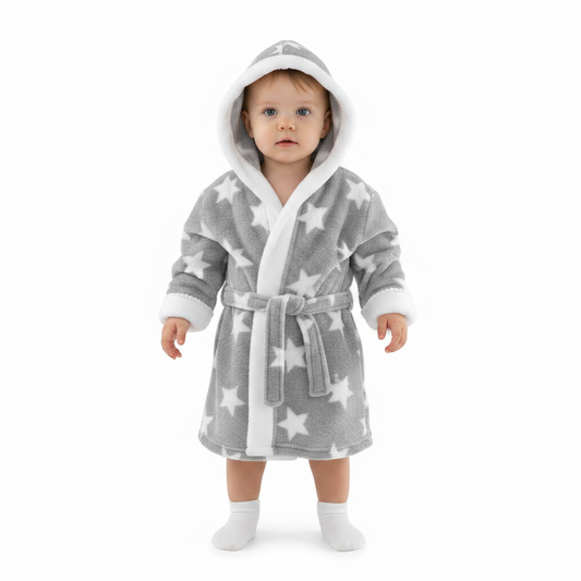 GREY 'STAR' PRINTED CORAL HOODED ROBE WITH WHITE TRIM-4FBR40-GP