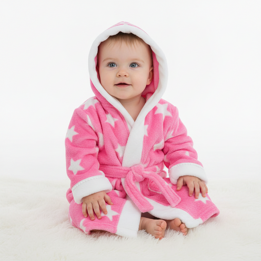 PINK 'STAR' PRINTED CORAL HOODED ROBE WITH WHITE TRIM-4FBR40-PP