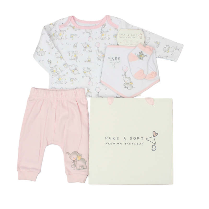 Baby Girls 4pc Gift Set - Elephant (PK6) (0-6M) E13333