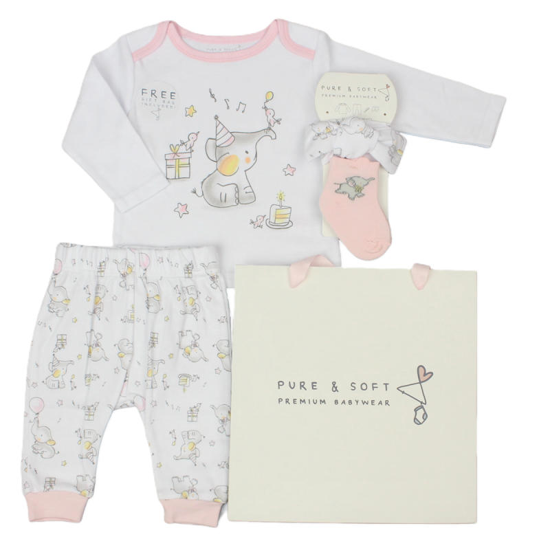 Baby Girls 4pc Gift Set - Elephant Print (PK6) (0-6M) E13339