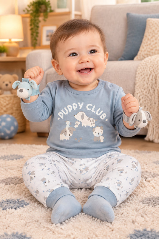 4pc Outfit with Wrist Rattles Gift Set - Blue Puppy (PK6) (0-9m) N14701