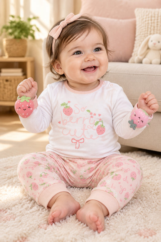 4pc Outfit with Wrist Rattles Gift Set - Pink Strawberry (PK6) (0-9m) N14703