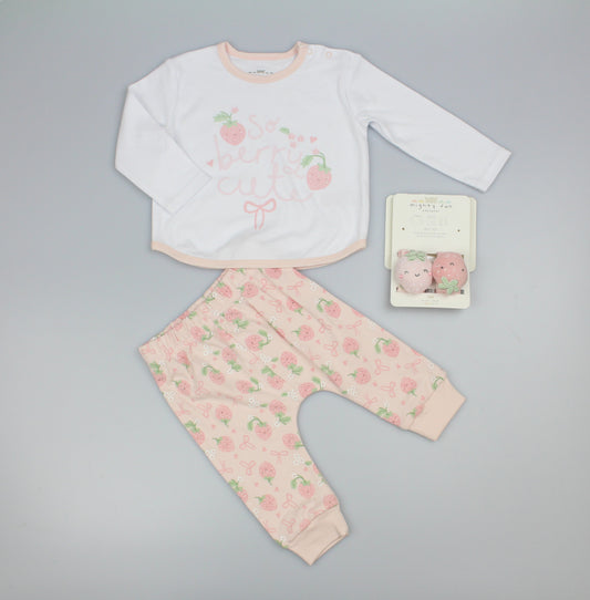 4pc Outfit with Wrist Rattles Gift Set - Pink Strawberry (PK6) (0-9m) N14703