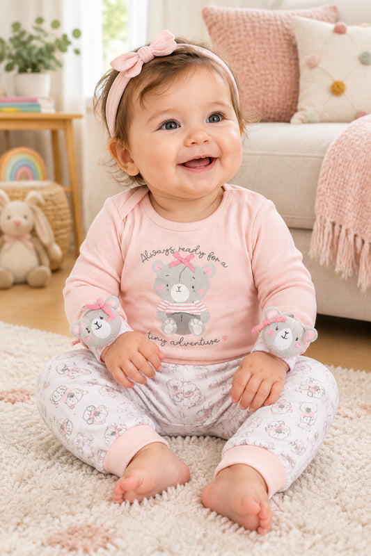 4pc Outfit with Wrist Rattles Gift Set - Pink Teddy(PK6) (0-9m) N14704