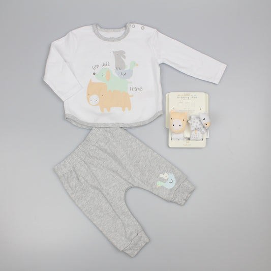 4pc Outfit with Wrist Rattles Gift Set - Grey Farm (PK6) (0-9m) N14705