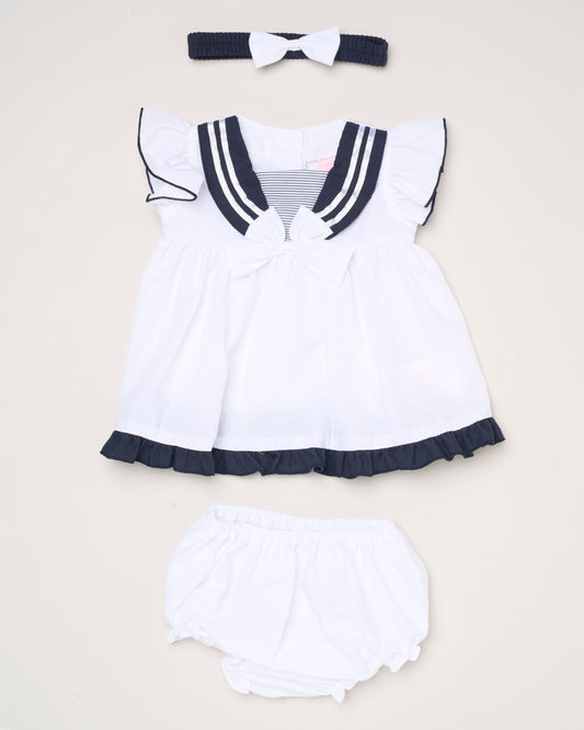 Baby Girls Dress, Pant & Headband Set - White/Navy/Pink (0-9m) (PK6) H12816NB