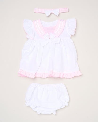 Baby Girls Dress, Pant & Headband Set - White/Navy/Pink (0-9m) (PK6) H12816NB
