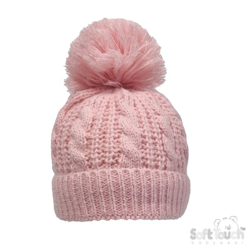 Cable Knit Pom Pom Turnover Hat - Dusty Pink (NB-12m) (PK4) H16-DP