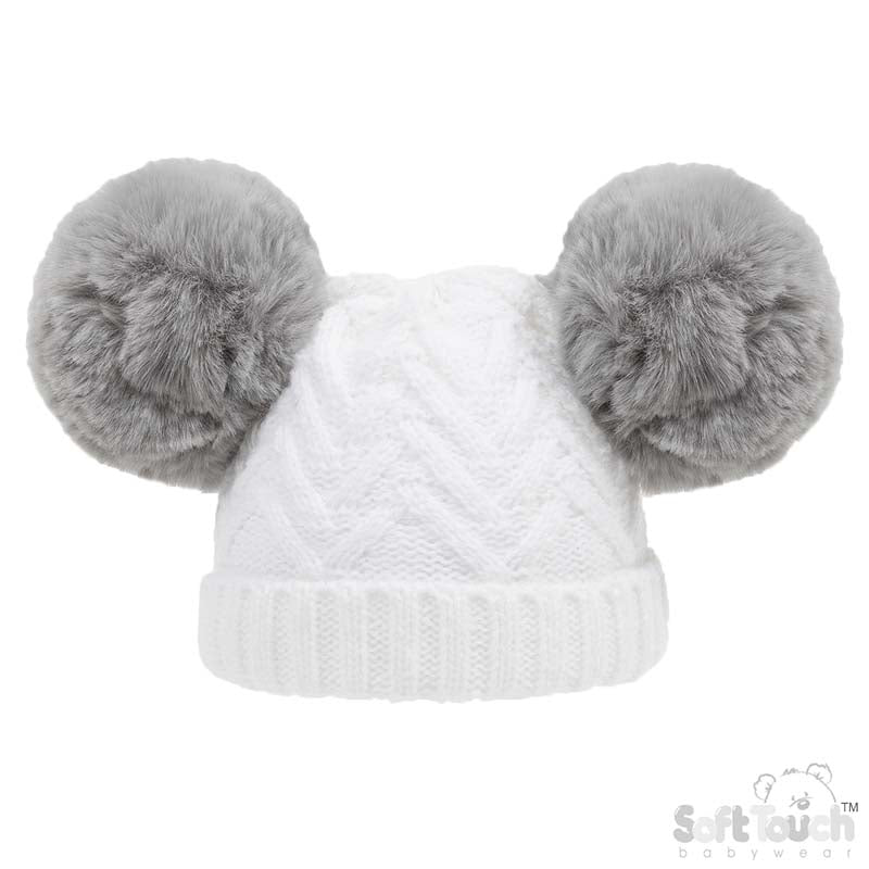 White 'Chevron' Knit Double Pom Pom Hat w/Cotton Lining  (0-6 Months) H630-W-SM