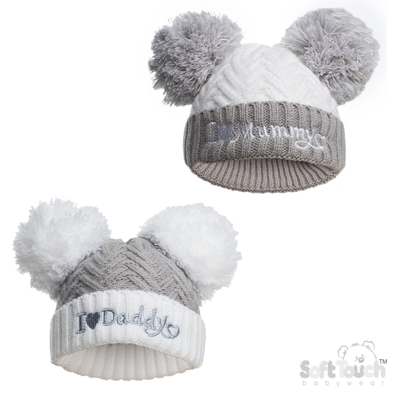 Grey Infants Turnover Hat - I Love Mummy/Daddy (NB-12) (PK6) H682-G