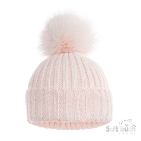 Baby Ribbed Hat with Glitter Pom Pom - Pink (NB-12m) (PK6) H712-BP