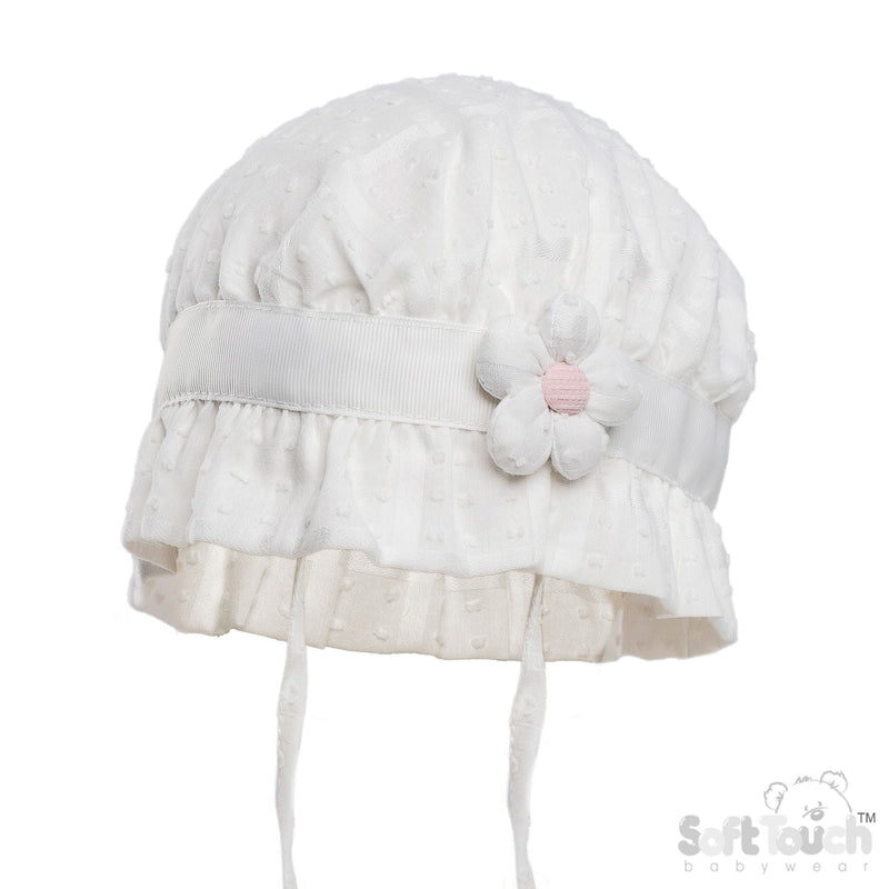 WHITE DOTTY SUMMER HAT W/FLOWER (0-24 M) (PK 6) H78-W