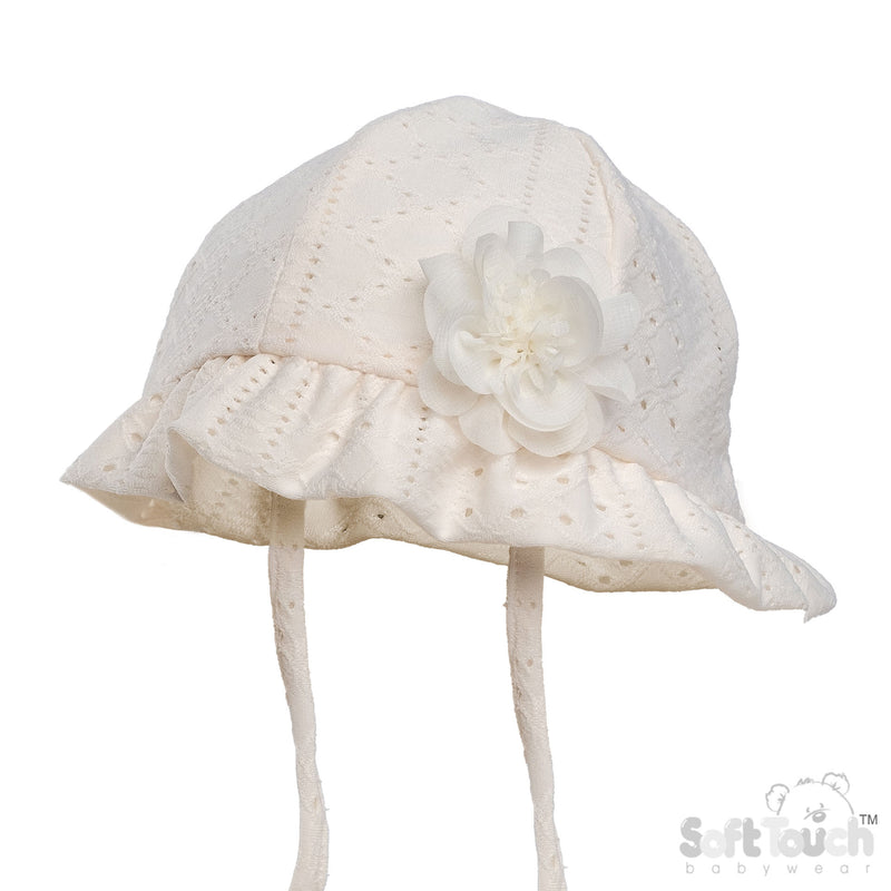 CREAM BROIDERY ANGLAIS HAT W/FLOWER (0-24 M) (PK 6) H80-C