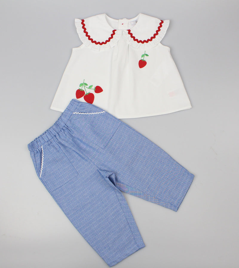 Girls tunic+trouser Strawberries Woven White/Blue (PK 6) (1-2 YEARS) E33228