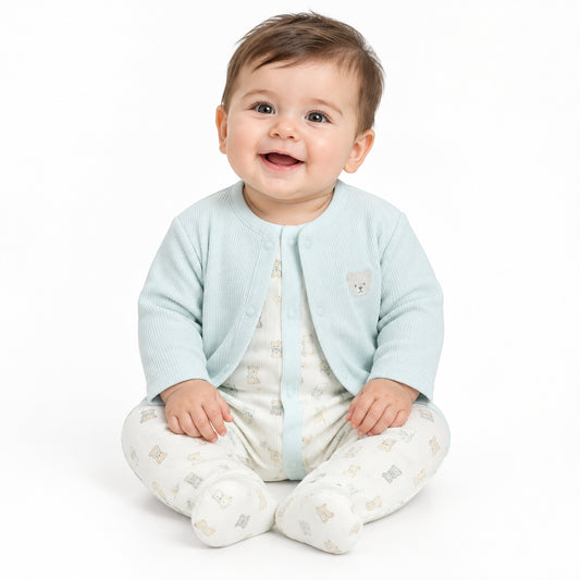 Baby Boys 3pc Waffle Jacket Romper Set - Tiny Teddies (PK6) (0-9m) N14751