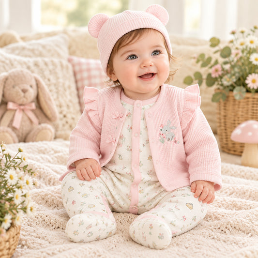 Baby Girls 3pc Waffle Jacket Set - Floral Woodland (PK6) (0-9m) N14757
