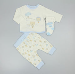Baby Boys 3pc Interlock Top, Trouser and Socks Set - Blue Hot Air Balloon (PK6) (0-9m) N14611