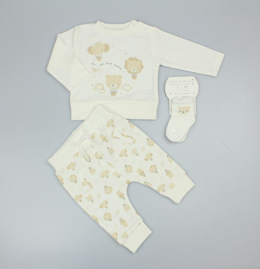Baby  3pc Interlock Top, Trouser and Socks Set - White Hot Air Balloon (PK6) (0-9m) N14618