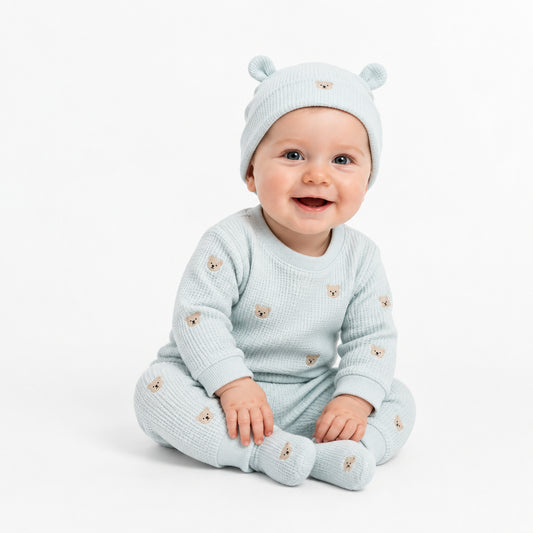 Baby Boys 2pc Waffle Trouser/Top Set - Tiny Teddies (PK6) (0-9m) N14755