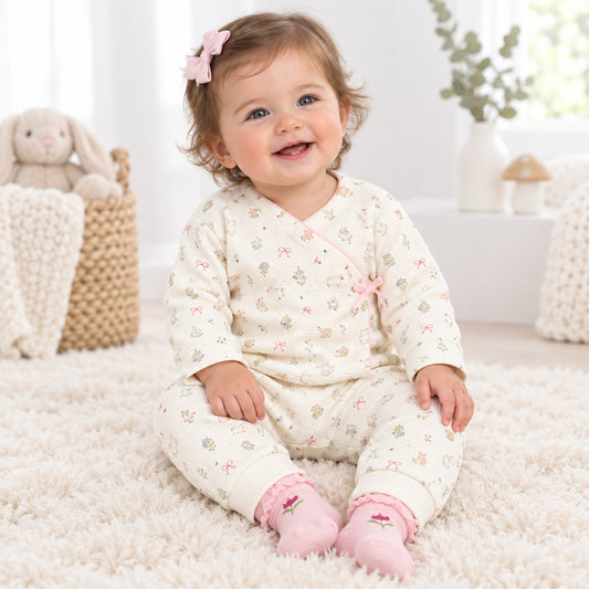 Baby Girls 3pc Waffle Top/Trouser Set - Floral Woodland (PK6) (0-9m) N14759