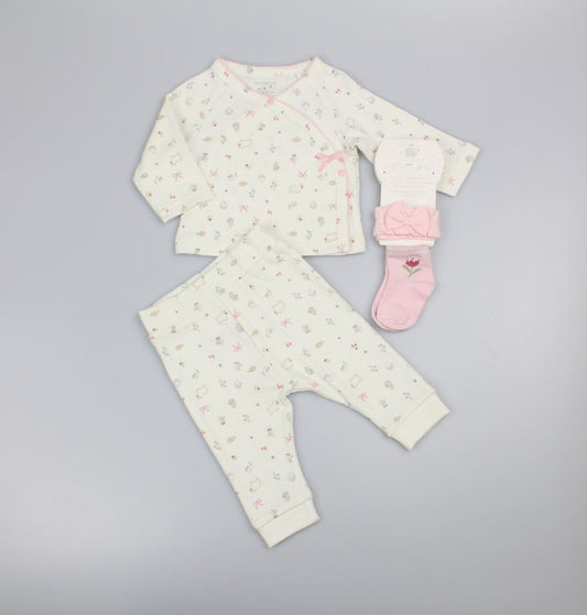 Baby Girls 3pc Waffle Top/Trouser Set - Floral Woodland (PK6) (0-9m) N14759