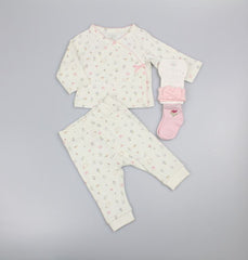 Baby Girls 3pc Waffle Top/Trouser Set - Floral Woodland (PK6) (0-9m) N14759