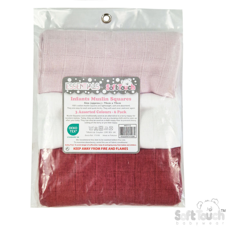 MULTICOLOUR 6-PACK PLAIN MUSLIN SQUARES (PK6) MS11-G