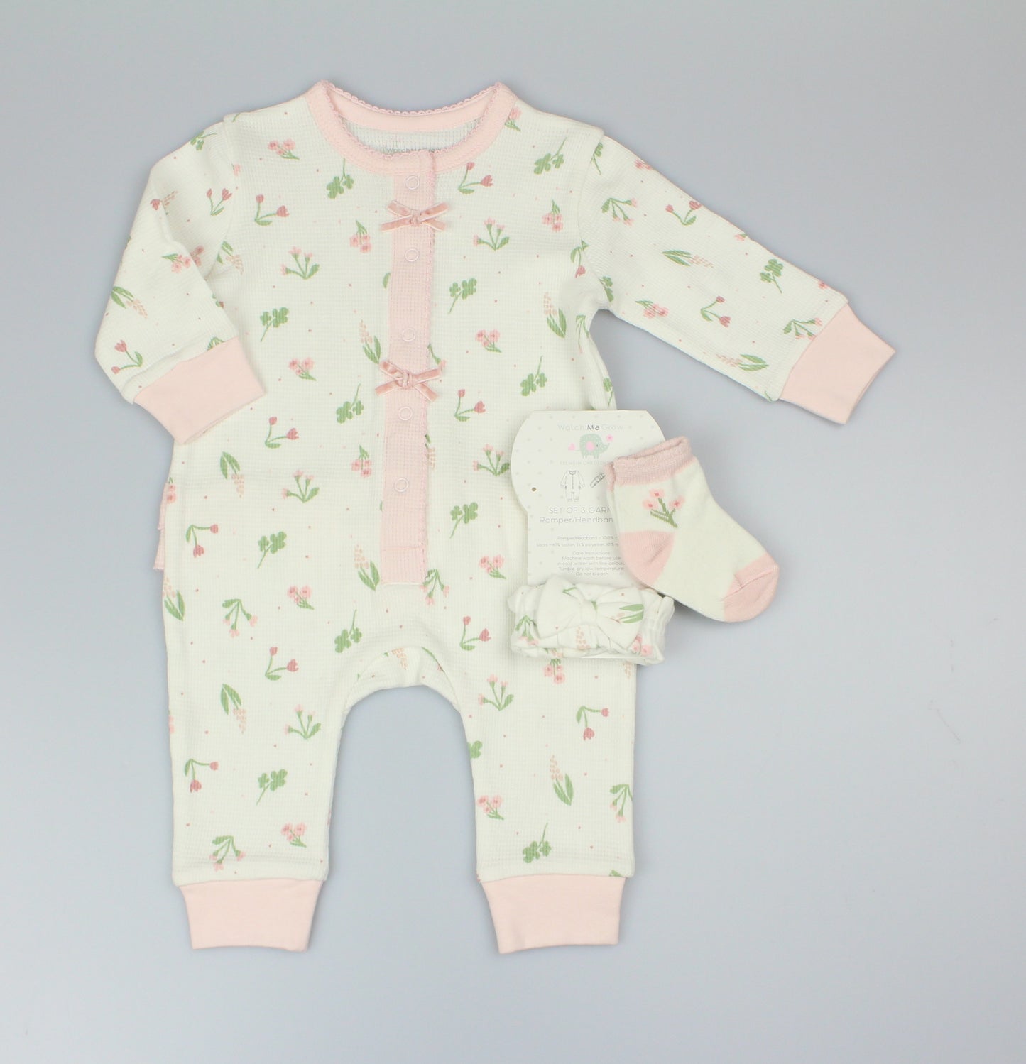 Baby Girls 3pc Romper Set - Pink/Floral  (0-9m) (PK6)  M15988