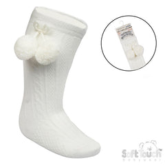 Cream 'Elegance' Pom Pom Knee Length Socks  (0-24 MONTHS) (PK12) S355-C