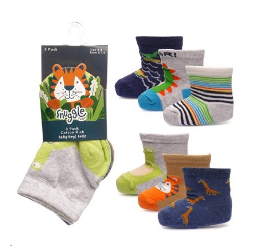 Baby Boys 3pk Socks - Dino/Jungle (PK12) (00-5.5) SK1204