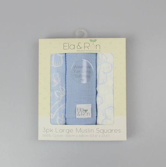 3pk Large Muslin Squares - Blue Bunny - (60x60cm) (PK8) J14016