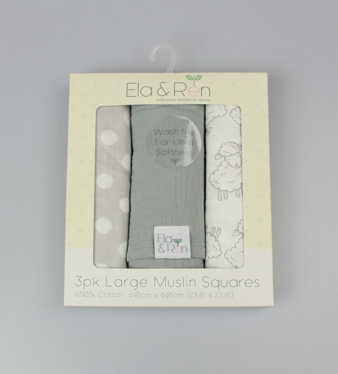 3pk Large Muslin Squares - Grey Sheep - (60x60cm) (PK8) J14020