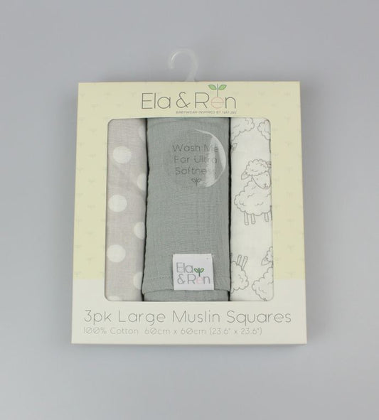 3pk Large Muslin Squares - Grey Sheep - (60x60cm) (PK8) J14020