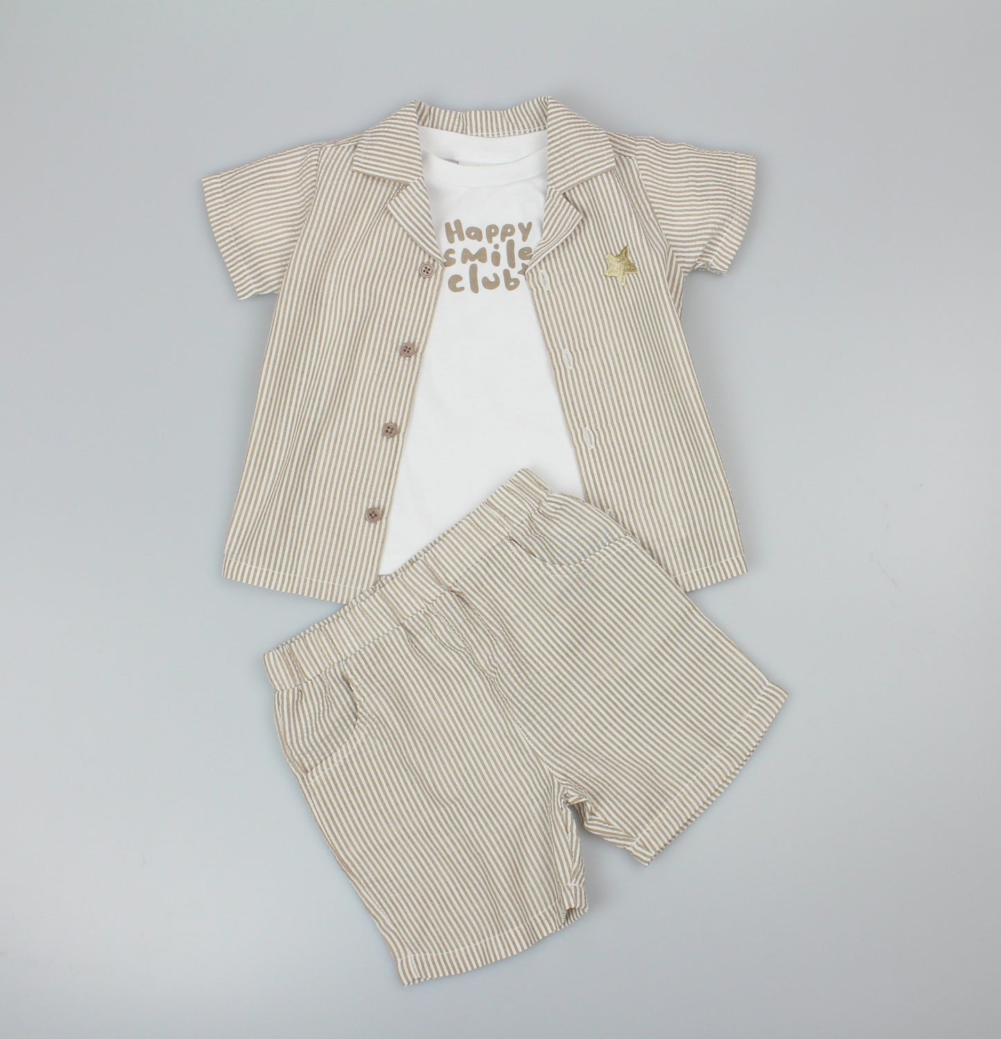 Baby Boys 3pc Shorts Set - Stone/HappySmile (1-2Years) (PK6) M34319