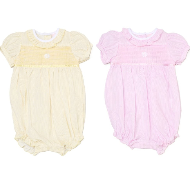 Baby Girls Smocked Romper - Lemon/Pink Flower (0-9M) (PK6) H12810