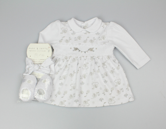 Baby Girls 3pc Dress Set - White/Bird (NB-3M) (PK6) M14277