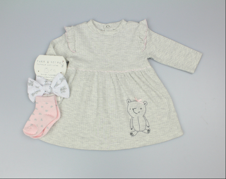 Baby Girls 3pc Dress Set - Grey Teddy (0-6 Months) (PK6) M14271