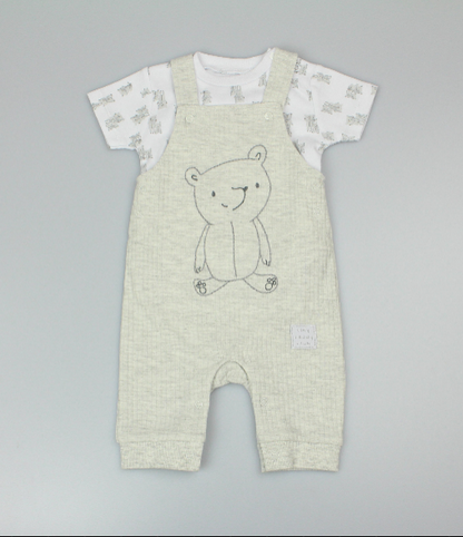 2pc Waffle Dungaree & T-Shirt Set - Bear/Grey (PK6) - M14260