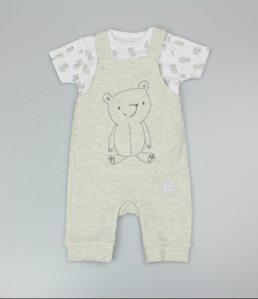 2pc Waffle Dungaree & T-Shirt Set - Bear/Grey (PK6) - M14260