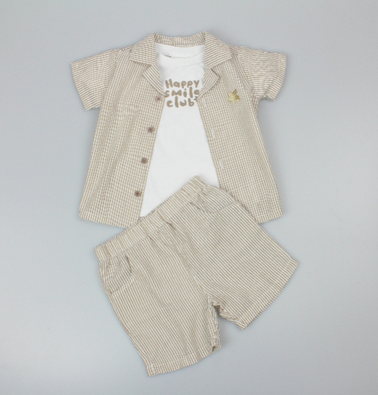 Baby Boys 3pc Shorts Set - Stone/HappySmile (1-2Years) (PK6) M34319