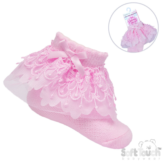 PINK ANKLE SOCKS W/BELL LACE & BOW (0-24 Months) S344P