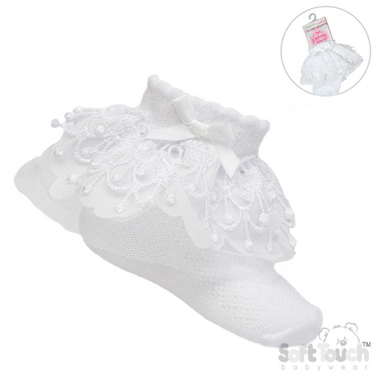 WHITE ANKLE SOCKS W/BELL LACE & BOW (0-24 Months) S344-W
