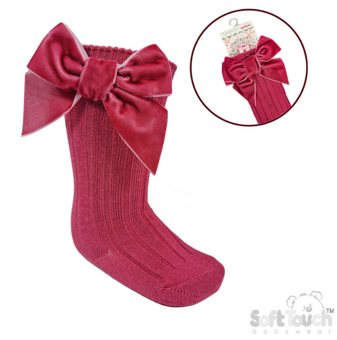 DUSTY PINK RIBBED KNEE LENGTH SOCKS W/LARGE VELVET BOW (0-24 Months) S360-DP
