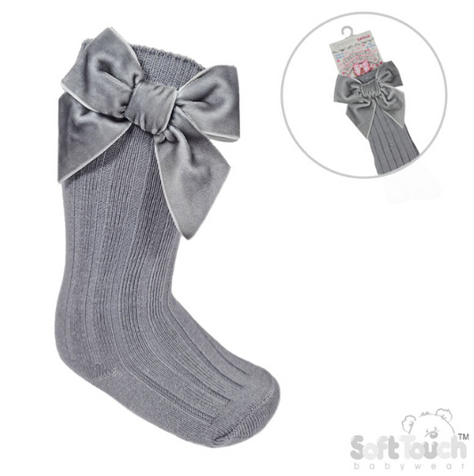 GREY RIBBED KNEE LENGTH SOCKS W/LARGE VELVET BOW (0-24 Months) S360-G