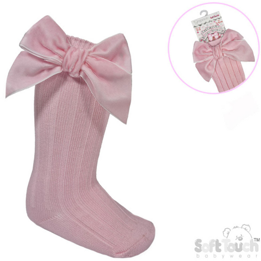 PINK RIBBED KNEE LENGTH SOCKS W/LARGE VELVET BOW (0-24 Months) S360-P