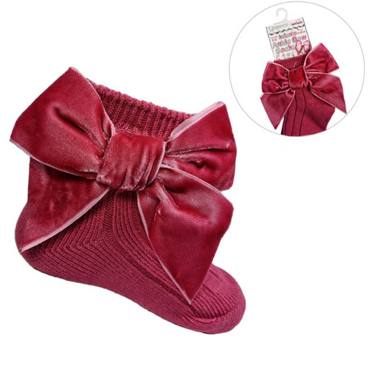 DUSTY PINK RIBBED ANKLE SOCKS W/LARGE VELVET BOW (0-24 Months) (PK12) S126-DP