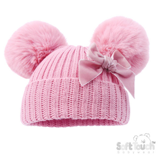 PINK RIBBED HAT W/VELVET BOW & 2 POM POMS (NB-12 Months) (PK6) H678P